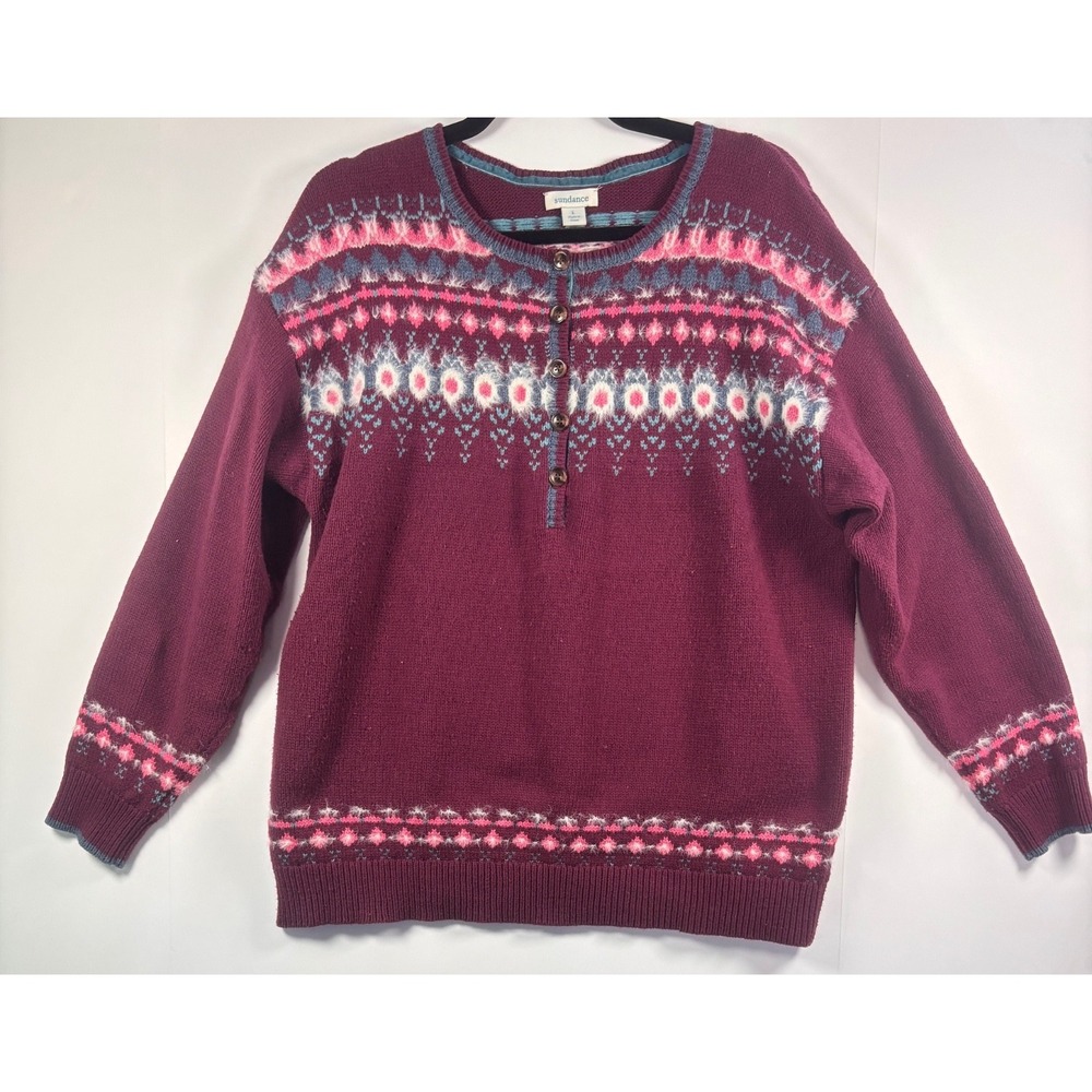 Sundance Sweater, Women's Size Large, Maroon, Floral, 1/4 Buttons, Pullover